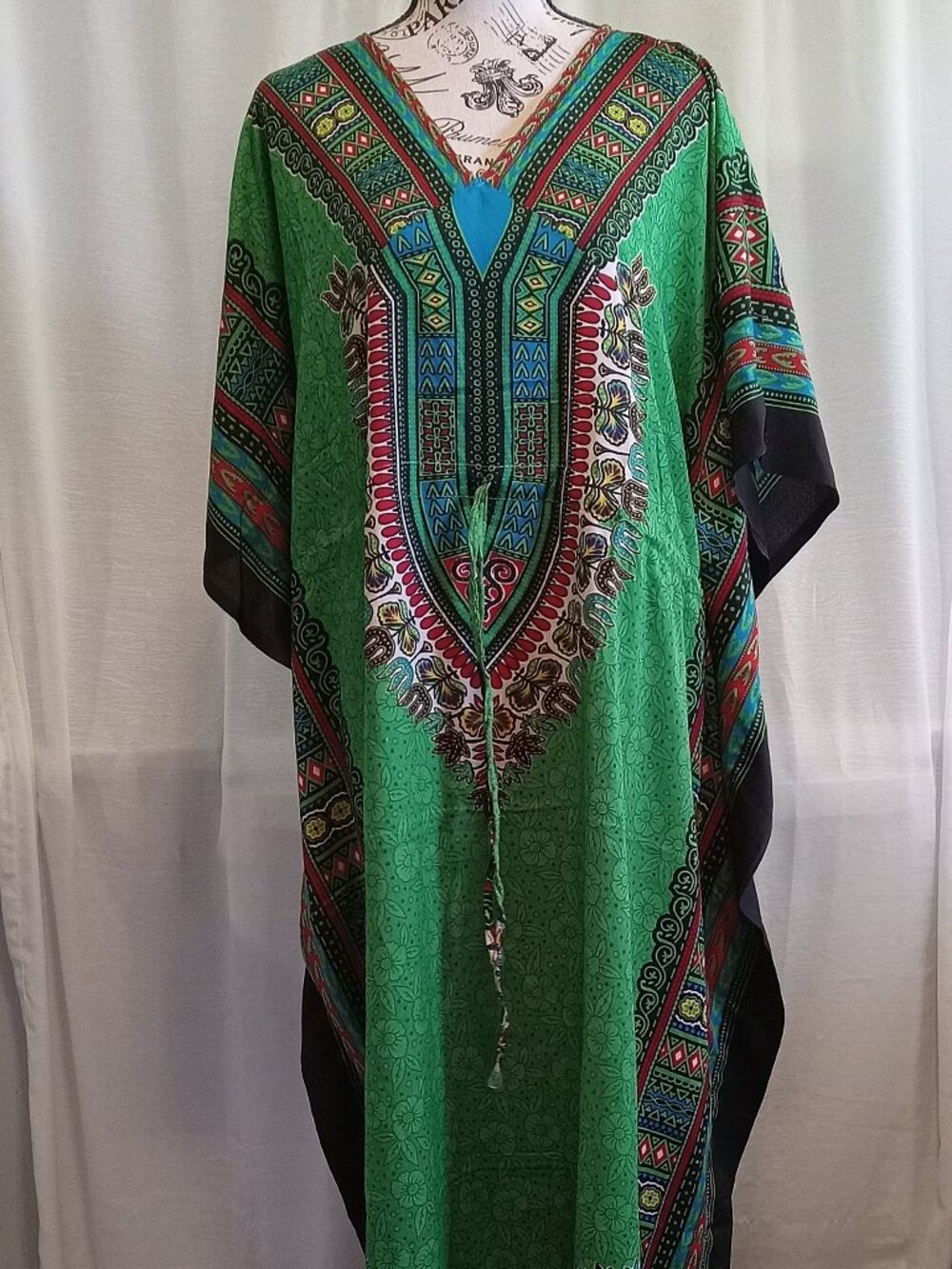 Dashiki Dress Kaftan Poncho Hippie Drawstring Djabella Green One Size - Picture 2 of 16